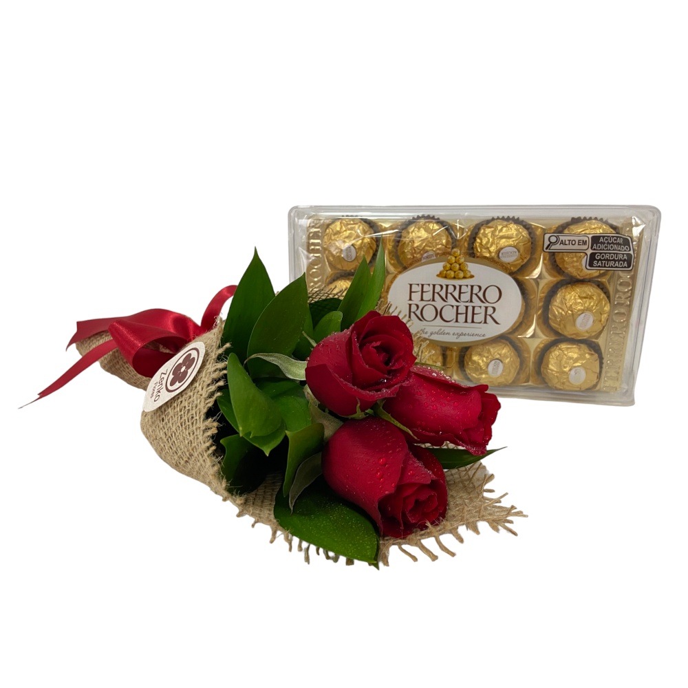 6533 Buquê com três Rosas vermelhas e Chocolates Ferrero Rocher 150g