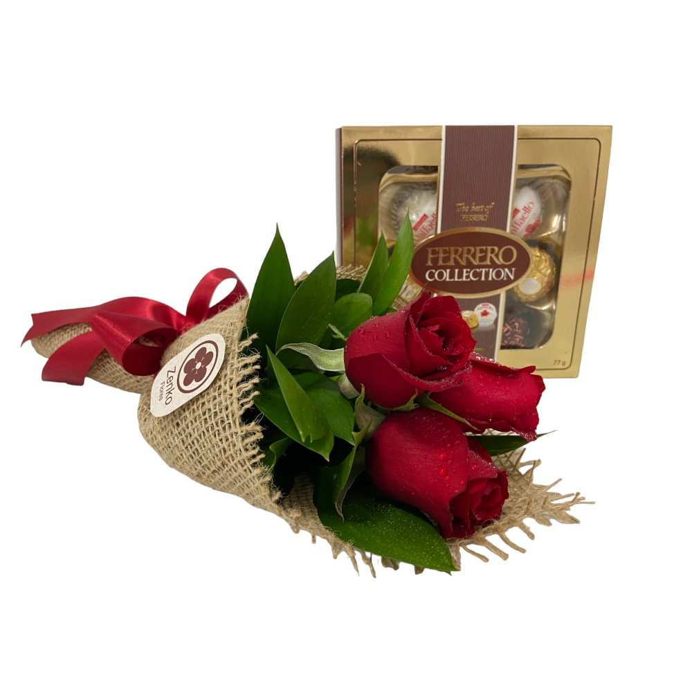6535 Buquê com três Rosas vermelhas e Chocolate Ferrero Rocher Collection
