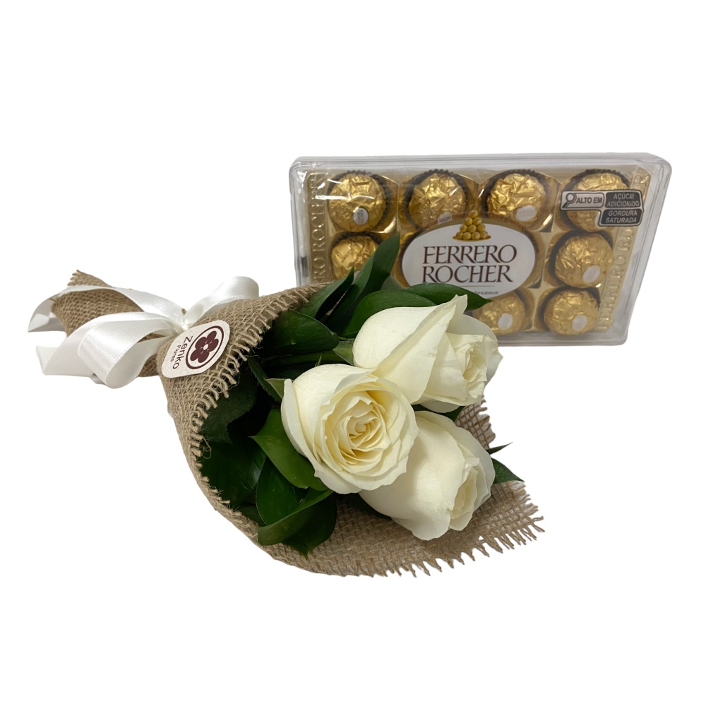 6557 Buquê com três Rosas brancas e Chocolates Ferrero Rocher 150g